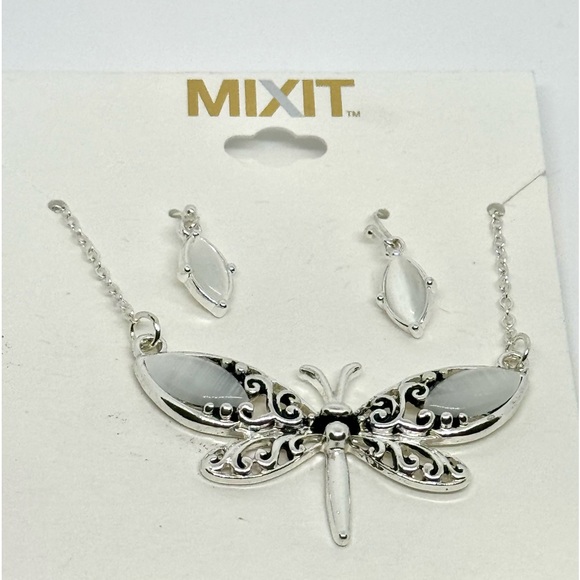 Mixit Silver Tone and Faux Mother of Pearl Dragonfly Pendant Necklace and Earrin - Picture 6 of 10